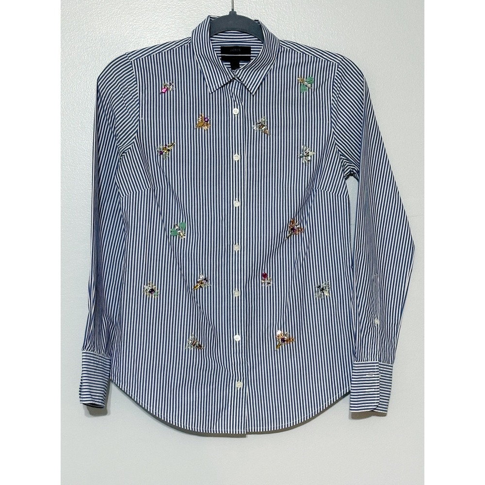 J.Crew Perfect Shirt Blue Stripe with Bee Embellishment Women's Size 00